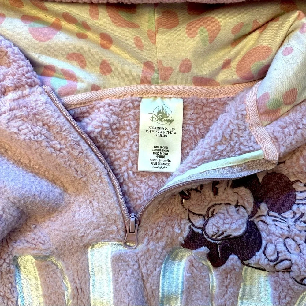 Disney Minnie Mouse Lavender Pink Leopard Print Teddy Pullover Park Wear XS